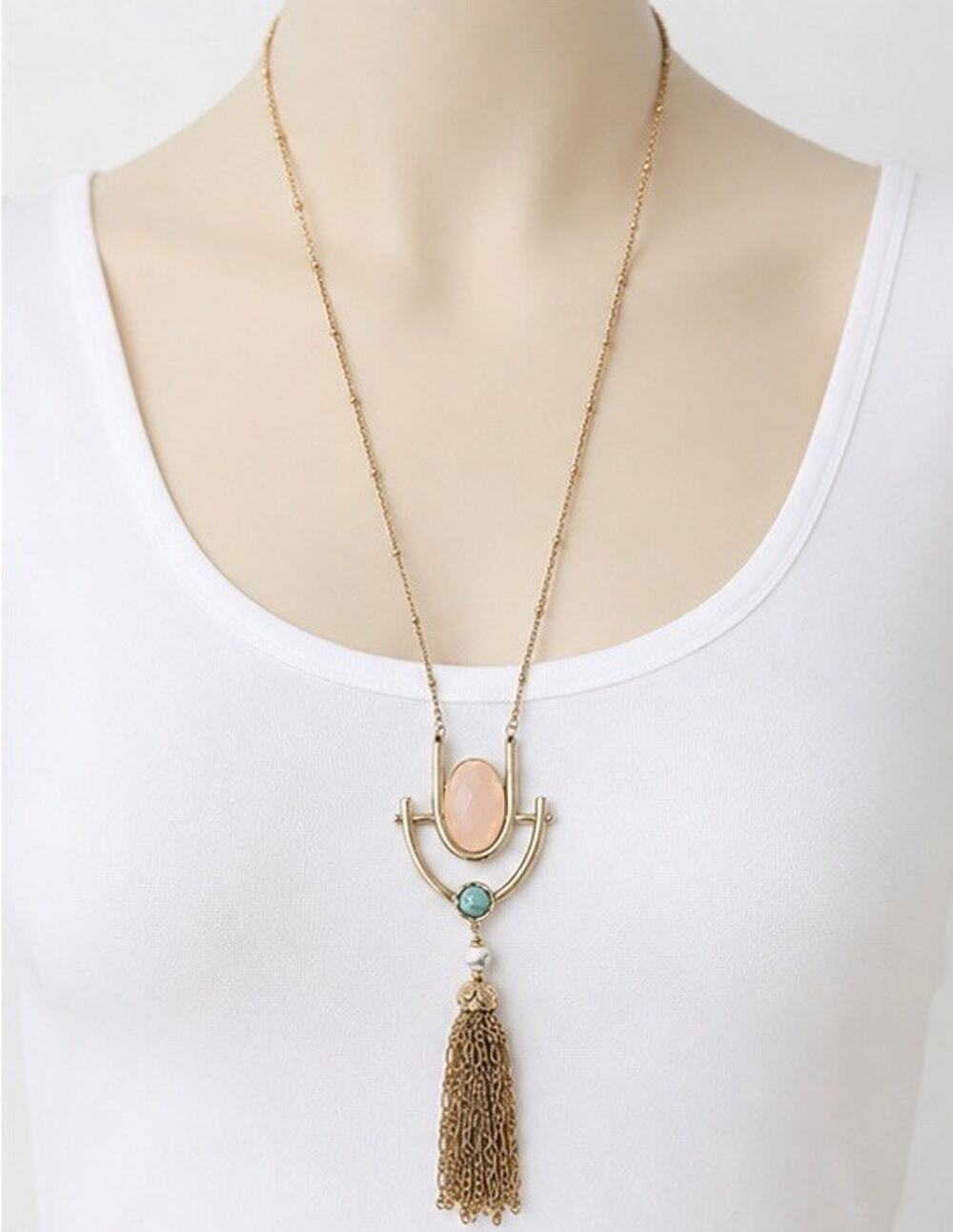 SPRING STREET GOLD TONE PINK TURQUOISE STONE TASSEL LONG PENDANT NECKLACE